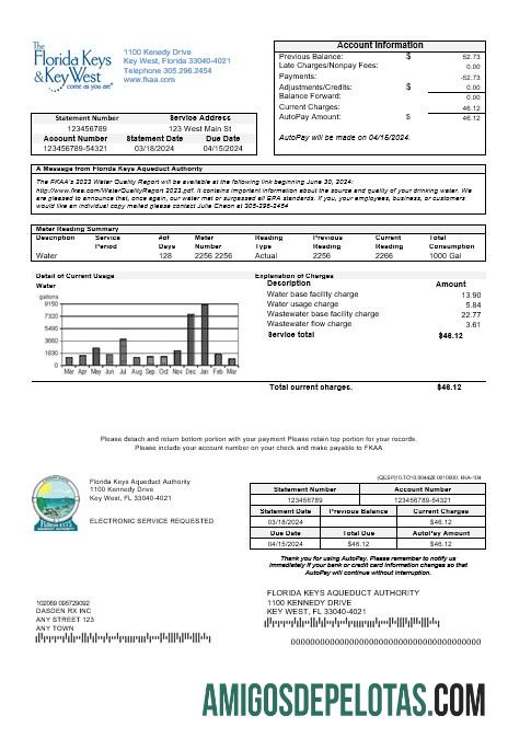 imprimível Modelo de conta de serviços públicos dos EUA, Flórida, Florida Keys, em formatos Word e PDF